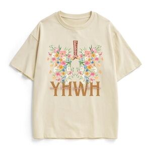 NWOT YHWH every breath speaks His name floral christian washed t-shirt in beige